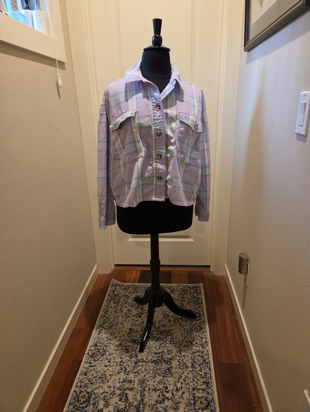 Wild Fable Womens Pastel Plaid Jean Jacket - Lavender & Mint, Distressed